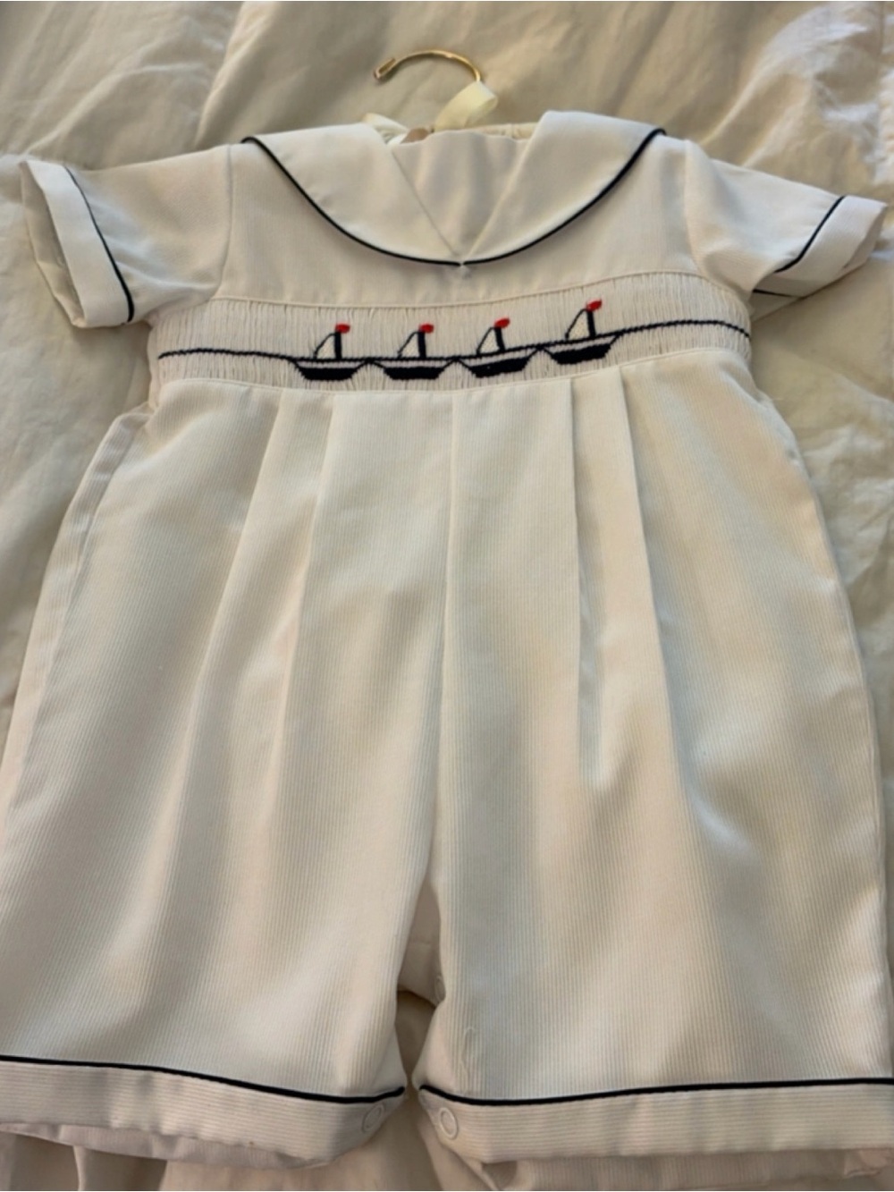 Carriage Boutique White Romper with Navy Trim and Red Sailboat Accents